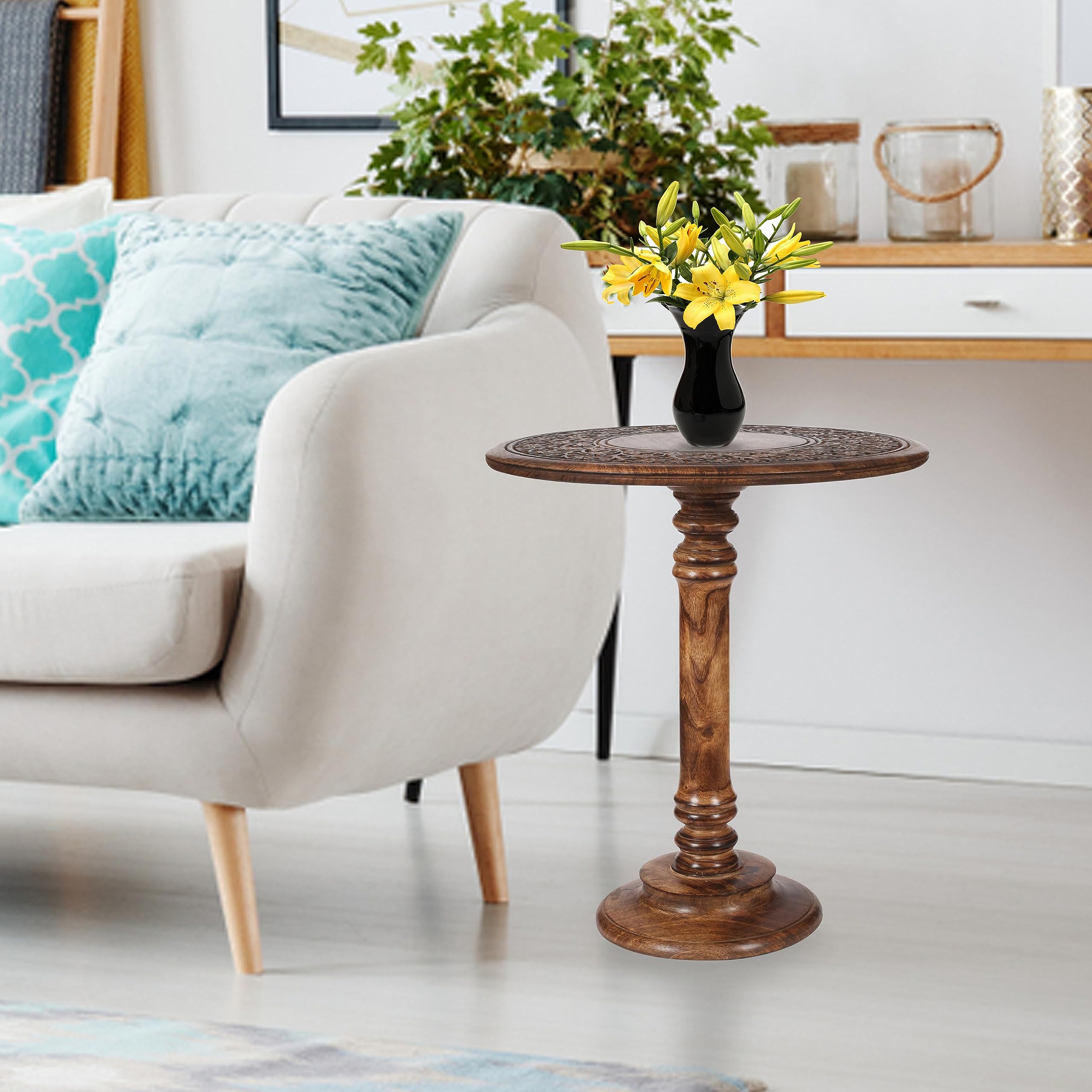 Hand-Carved Wooden Pillar Table - Small Side End Table, Elegant Entry & Living Room