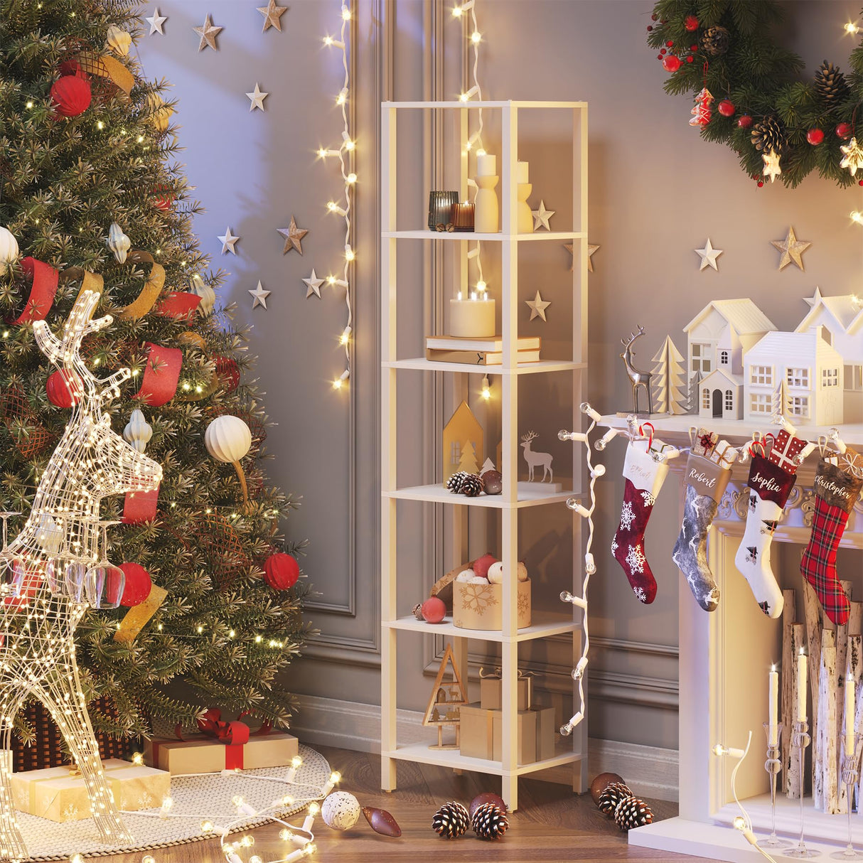 Bookshelf, 6-Tier Tall Book Shelf, Narrow Bookcase for Small Space, DIY Stackable Bookshelf, for Living Room, Office, Study, Entryway, Industrial, White BS01BW006