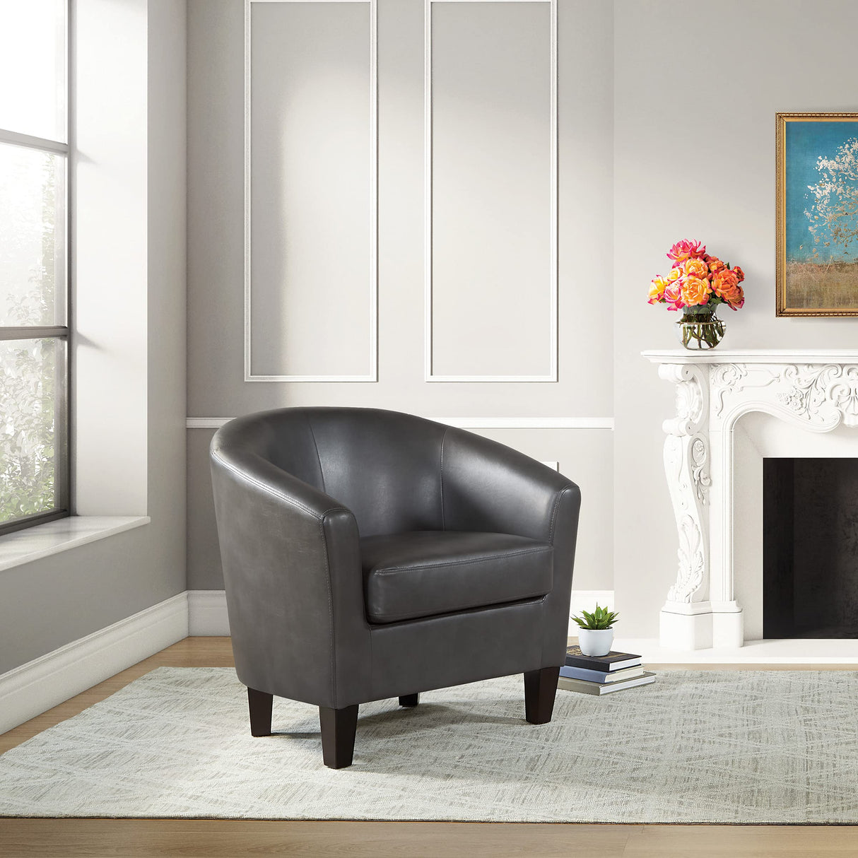 Tub Accent Chair with Dark Espresso Wood Legs, Pewter Faux Leather