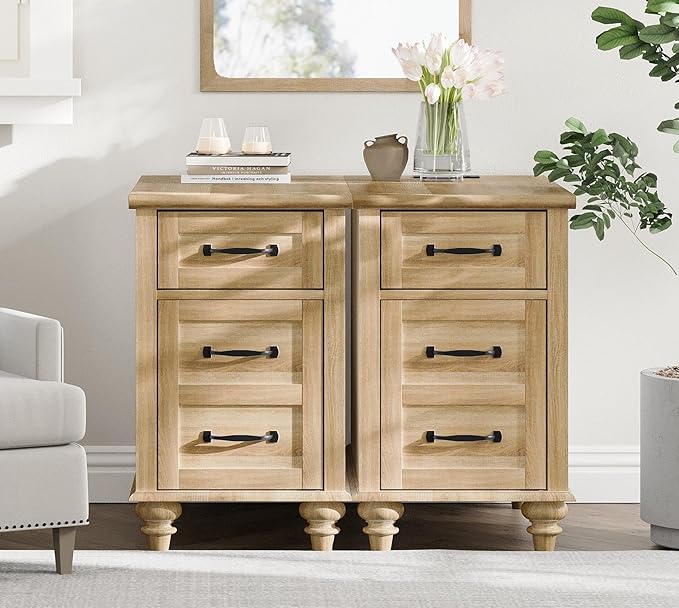 End Table with Charging Station, Wood Side Table with Drawer and Storage Cabinet