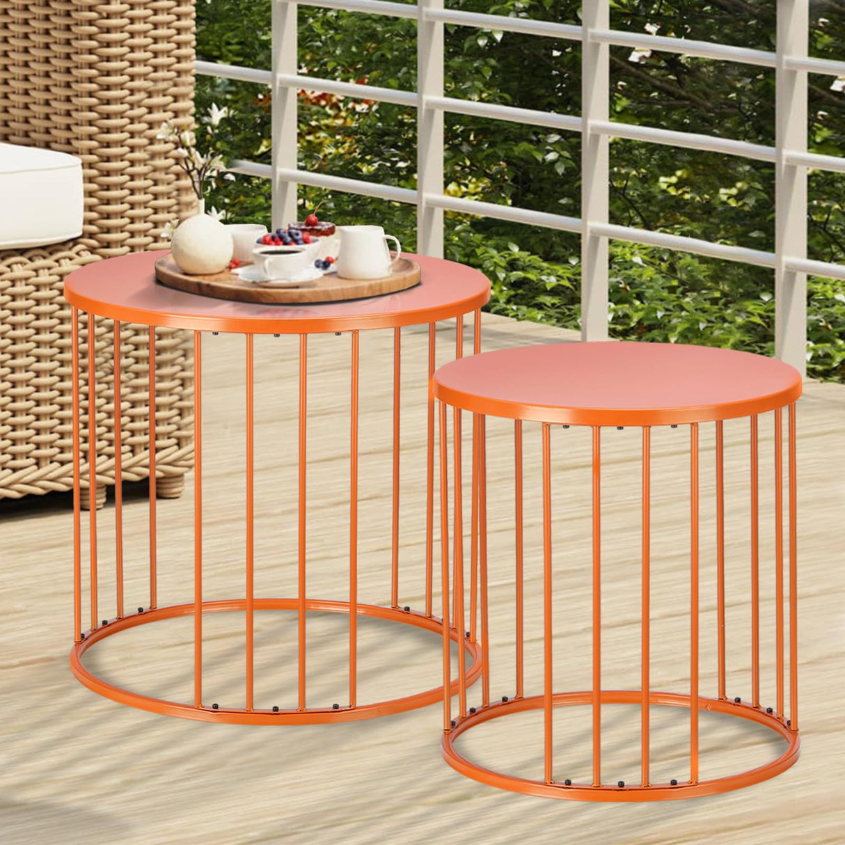 LEWIS&WAYNE Outdoor Side Table Set of 2, Metal Circle Accent End Tables for Balcony Backyard Garden Indoor Living Room, Durable Black Nesting Coffee Tables, 20”+16” Dia - Bircata