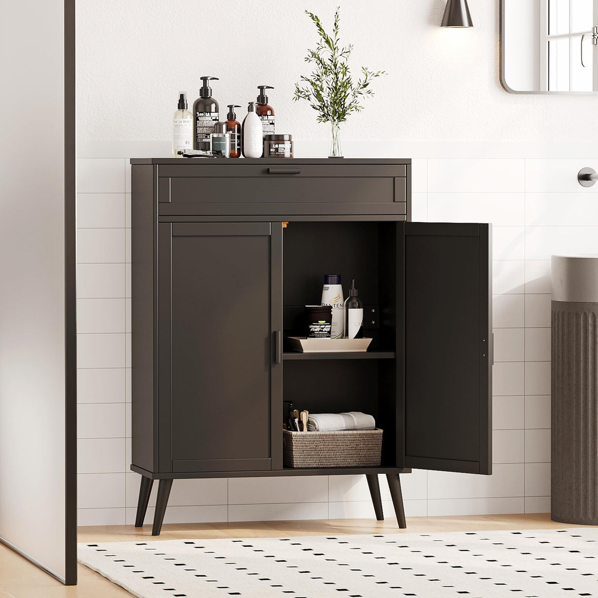 Accent Floor Storage Cabinet with 2 Doors, Bathroom Cabinet with Large Drawer