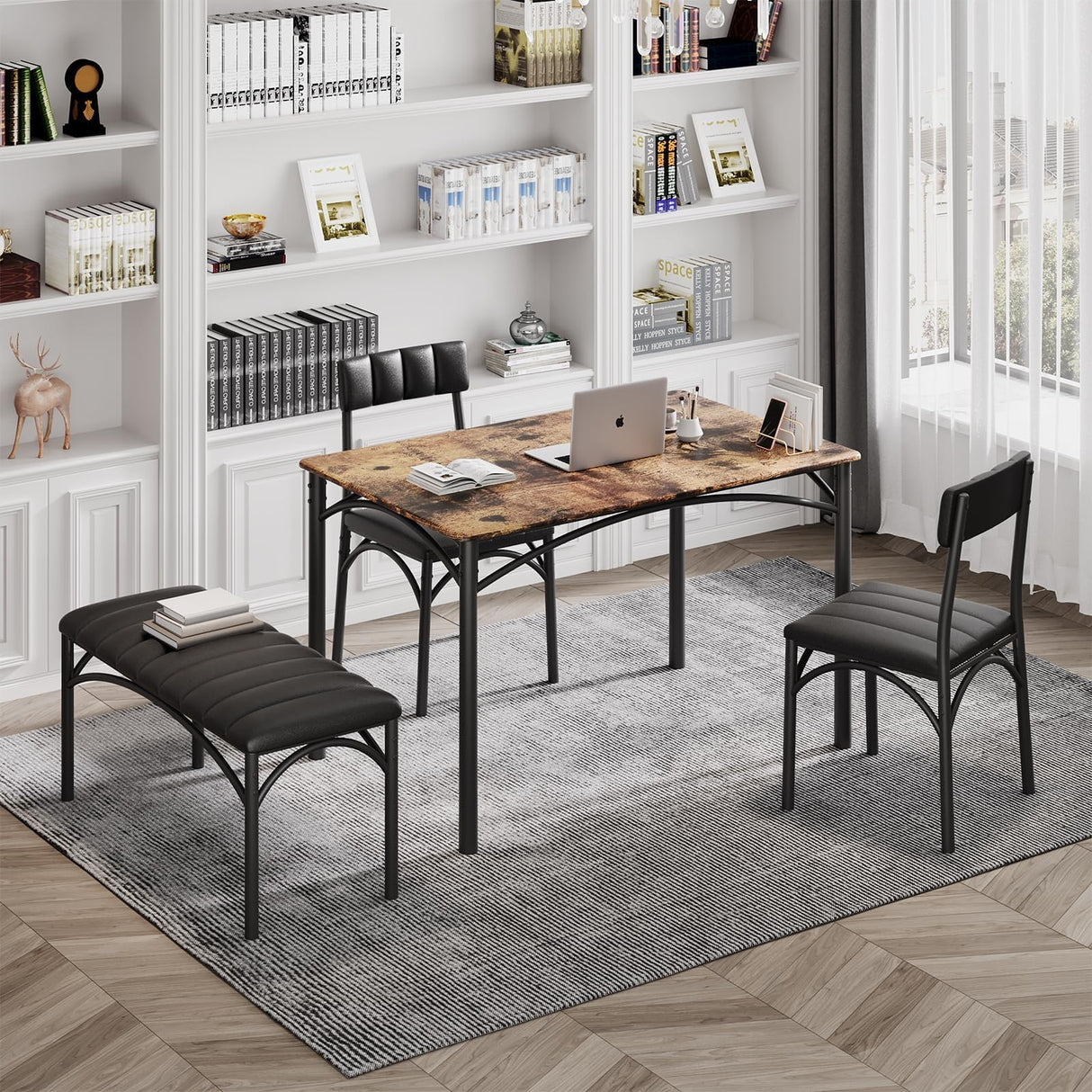 5-Piece Dining Table Set for 4-6 People with Bench and Chairs - 43" Rustic Brown