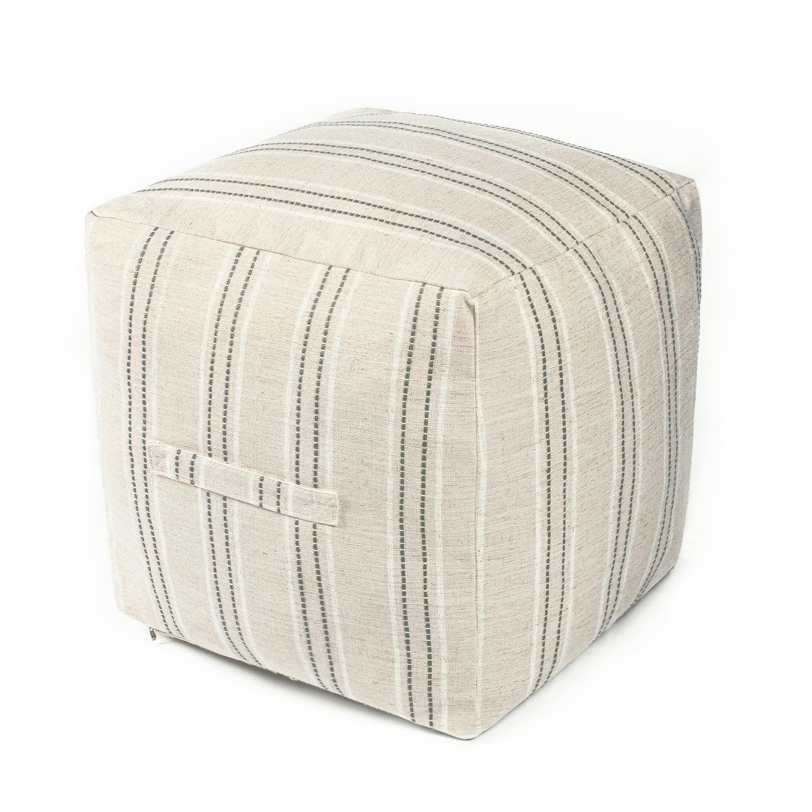 Farmhouse Pouf Cover for Living Room, Boho Storage Bean Bag Cubes, Beige with Gray