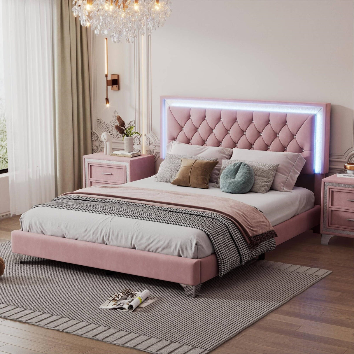 Upholstered Bed Frame with LED Lights,Modern Velvet Platform Bed