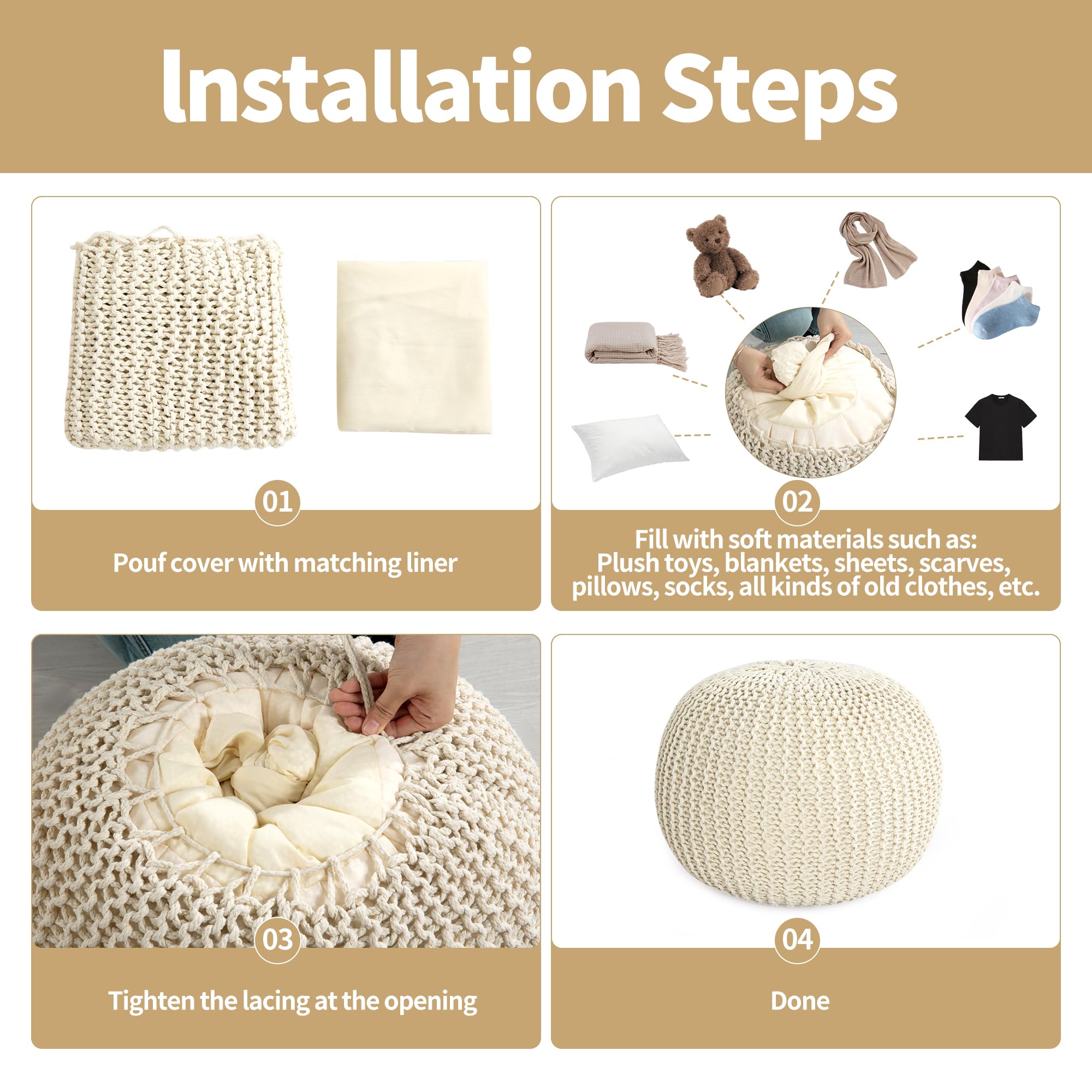 Unstuffed Ottoman Pouf Cover, 100% Cotton Handmade Knitted Ottoman Pouf