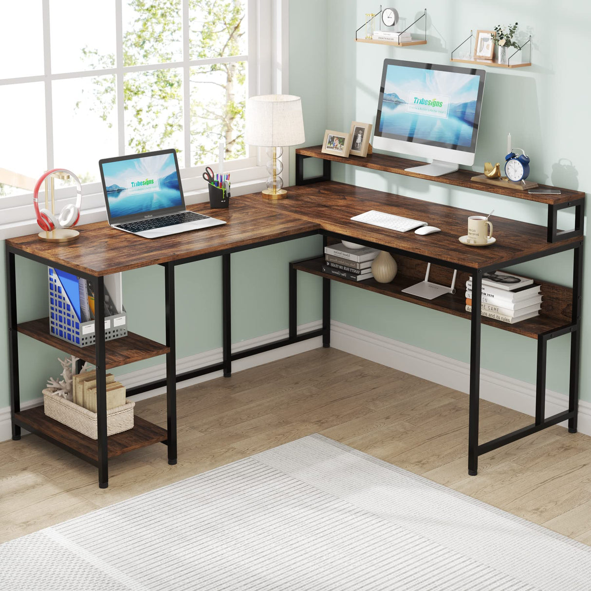 L Shaped Desk with Shelves, 59" Home Office Desk, Reversible Corner Computer Desk