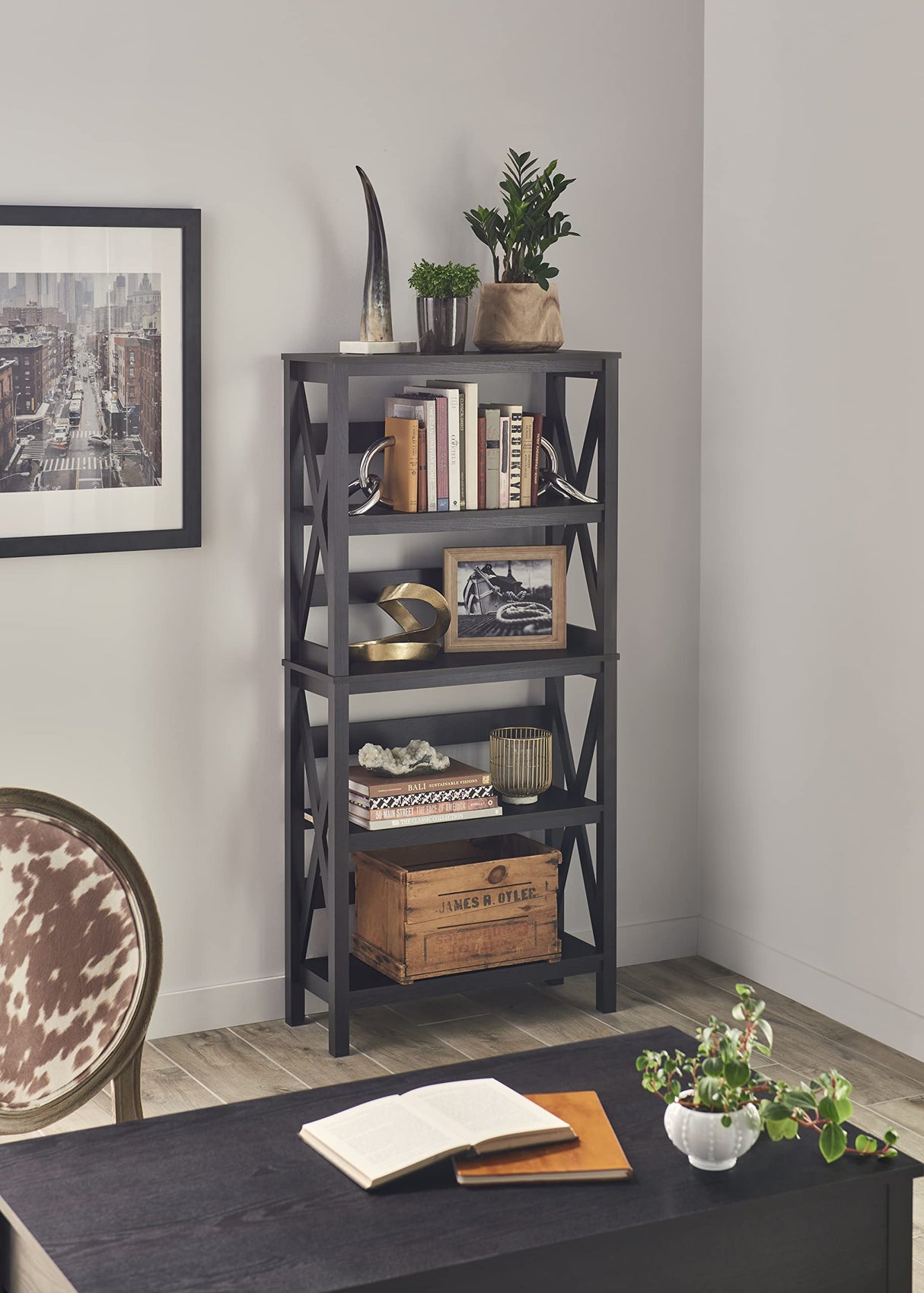 3955 X-Frame Design 5-Shelf Bookshelf or Bookcase, Black Walnut Wood
