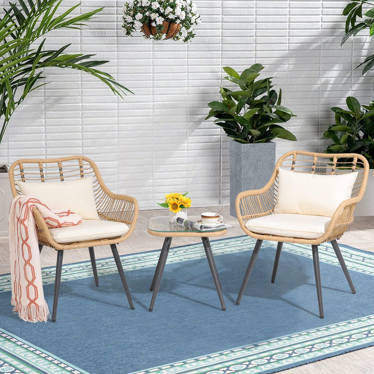 Set of 2 Patio Dining Chairs, Outdoor Wicker Seating Set with Soft Cushion