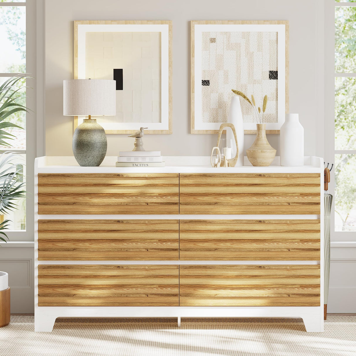 6 Drawer Dresser for Bedroom with 3 Hook, 59" Wide Wood Dresser Chests of Drawers