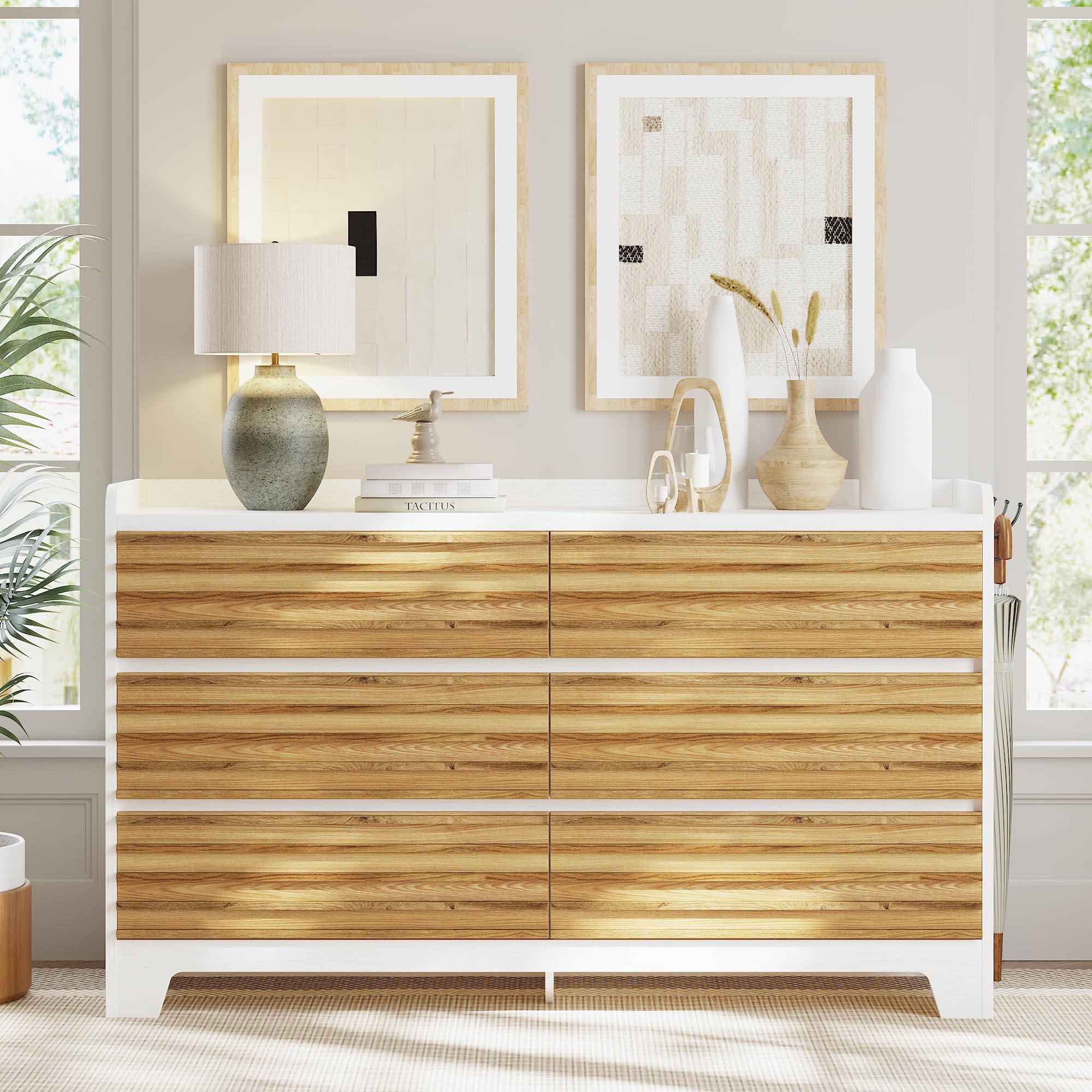 6 Drawer Dresser for Bedroom with 3 Hook, 59" Wide Wood Dresser Chests of Drawers