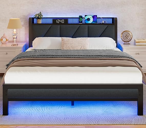 Queen Size Upholstered Bed Frame with LED Lights and Charging Station
