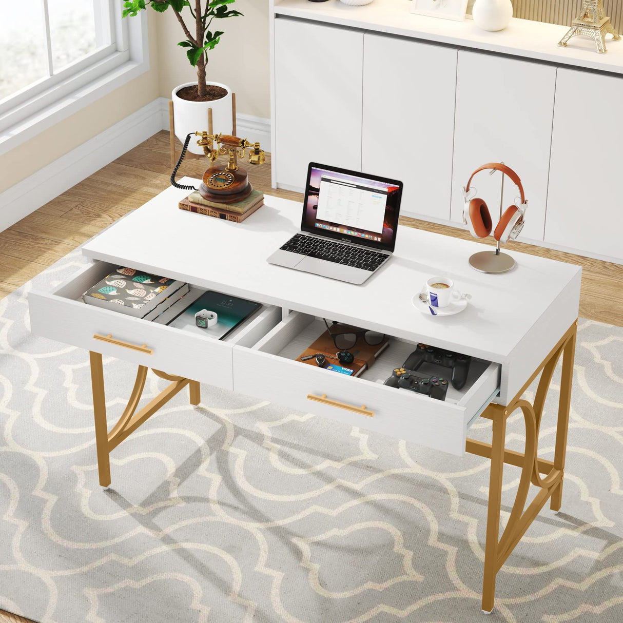 Modern Computer Desk with 2 Drawers, 41 Inches Study Writing Office Desk for Home Office