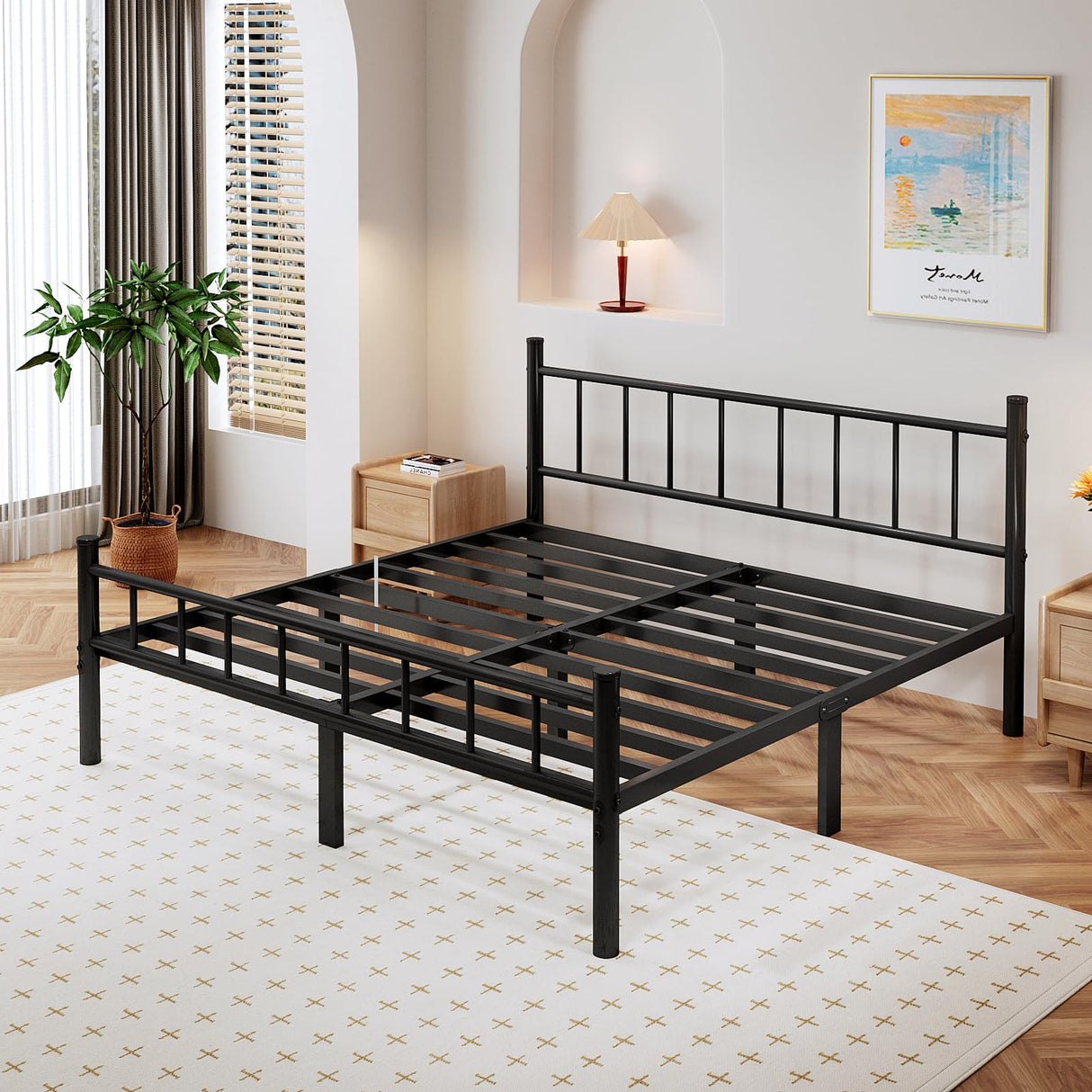 Queen Size Metal Bed Frame with Headboard & Footboard - 14 Inch Platform with Steel Slat Support