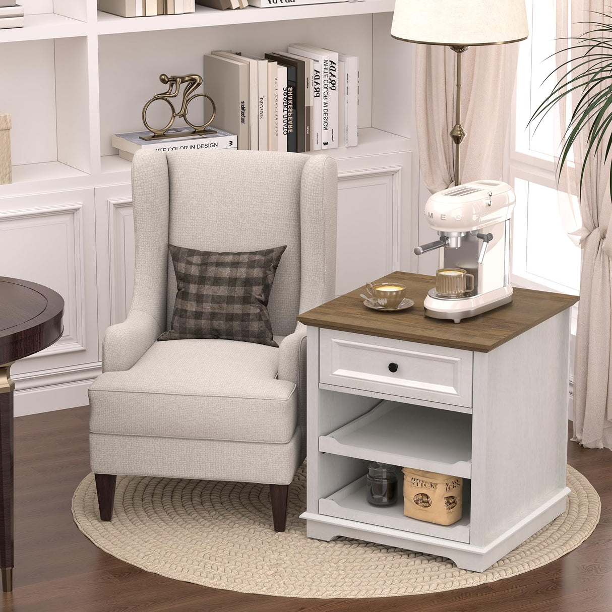 REDAYFUR 24" Large End Table with Charging Station, Sofa Side Table with Drawers, Square Storage Table with 2 Open Mind Drawers & Adjustable Storage Shelf for Living Room,Study Room,Antique White