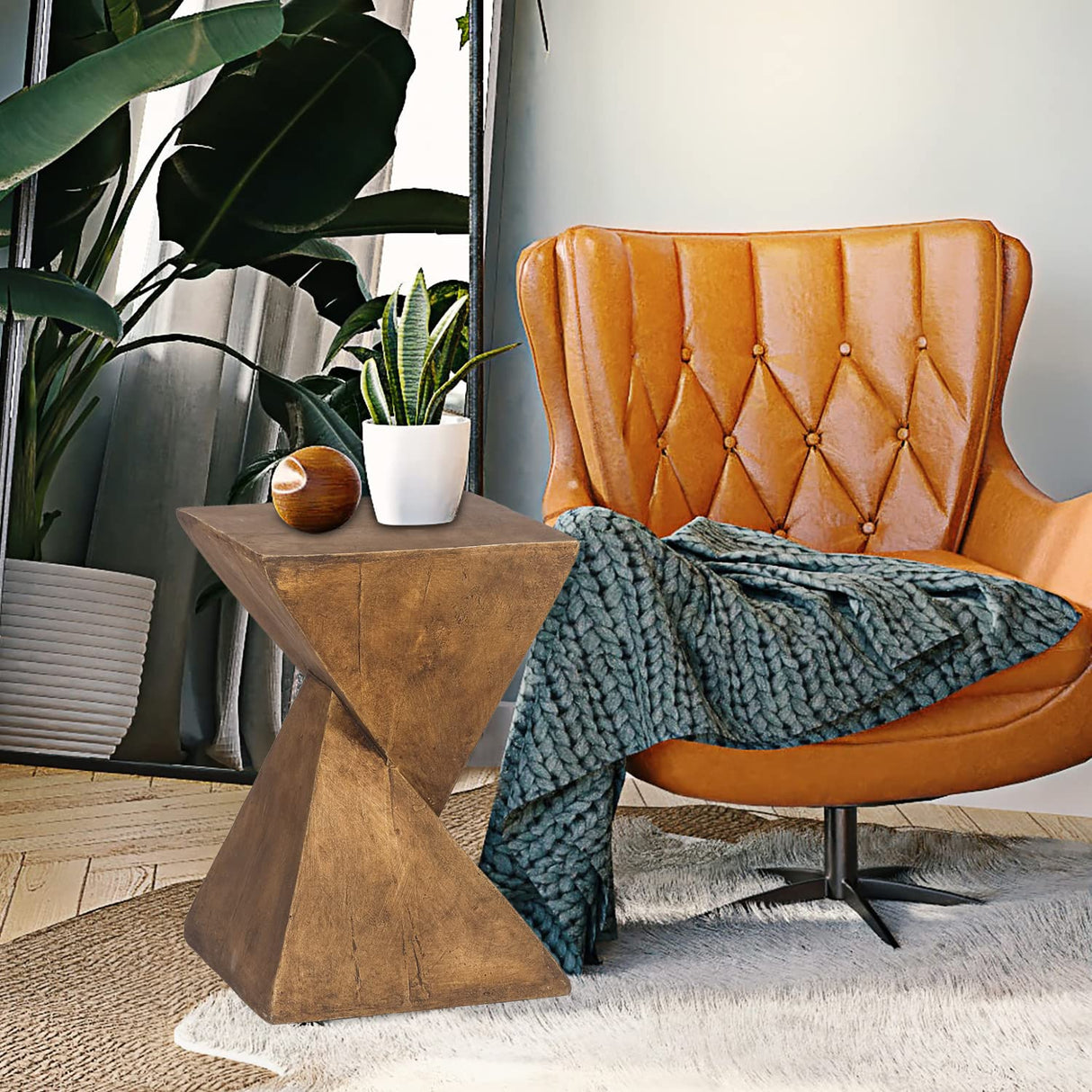 Light-Weight Concrete Accent End Table, Modern Hourglass Outdoor Side T