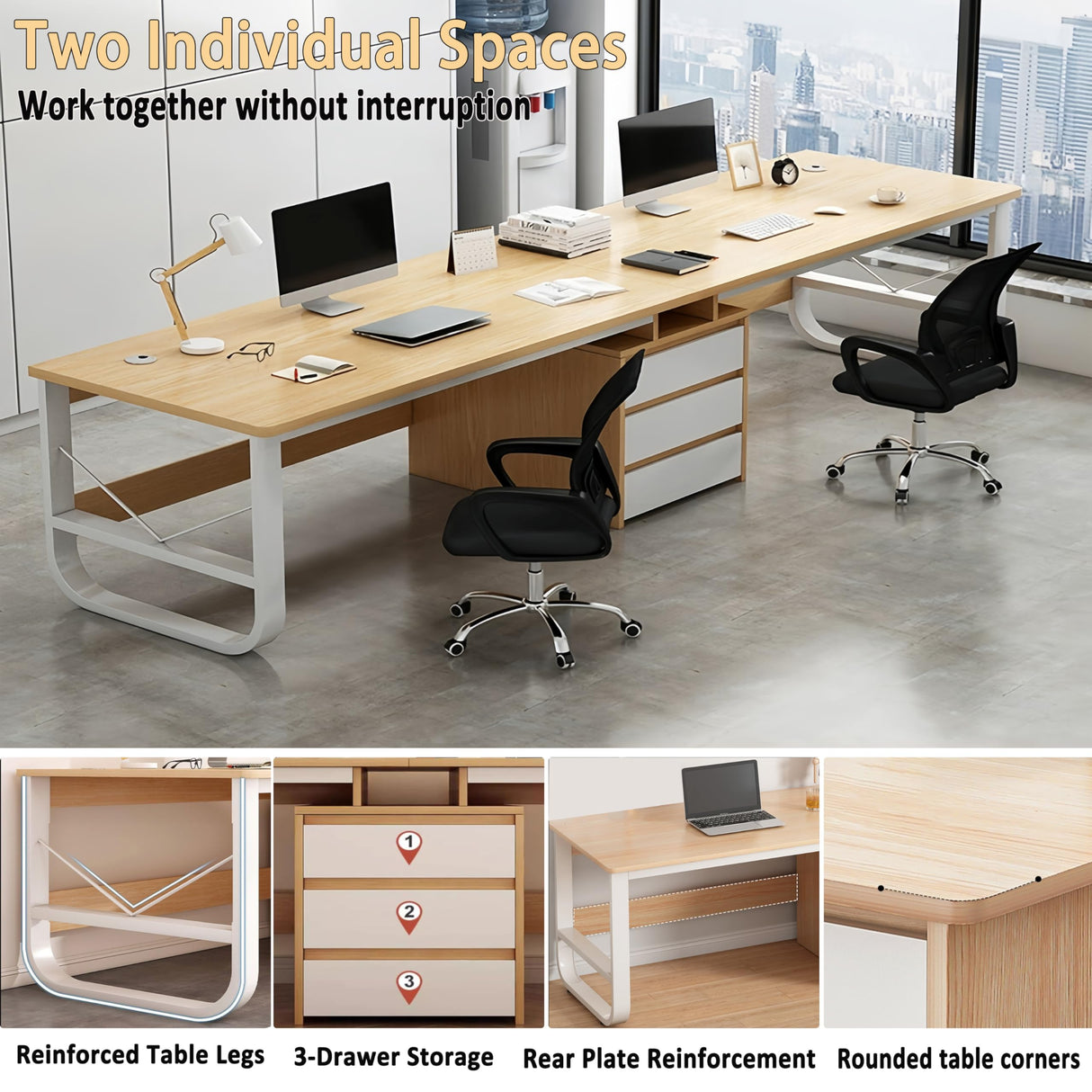 Spacious Two Person Office Desk with 3 File Drawers ā Ideal for Home & Office