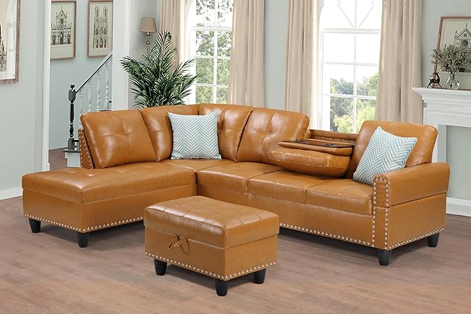 Shaped Sectional Couch with Storage Ottoman and 2 Cup Holders