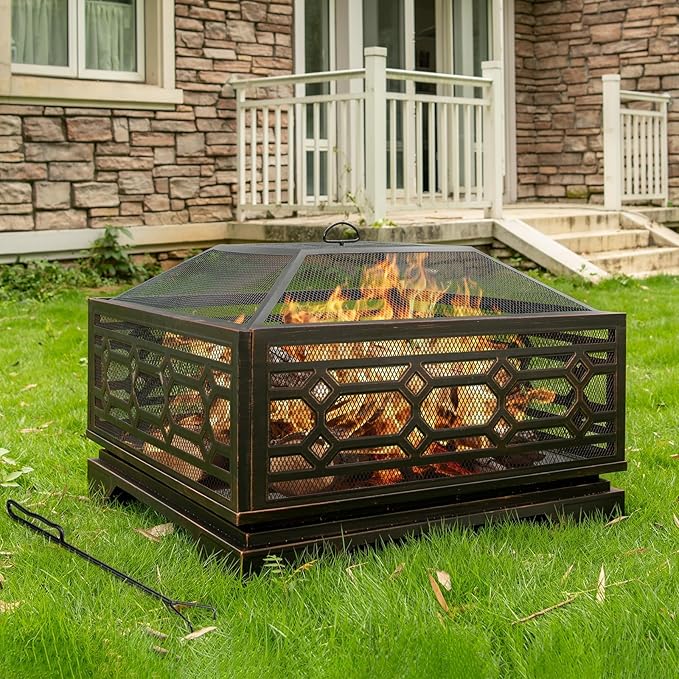 Outdoor Fire Pit, 26 Inch Wood Burning Firepit for Outside with Mesh Cover & Fire Poker