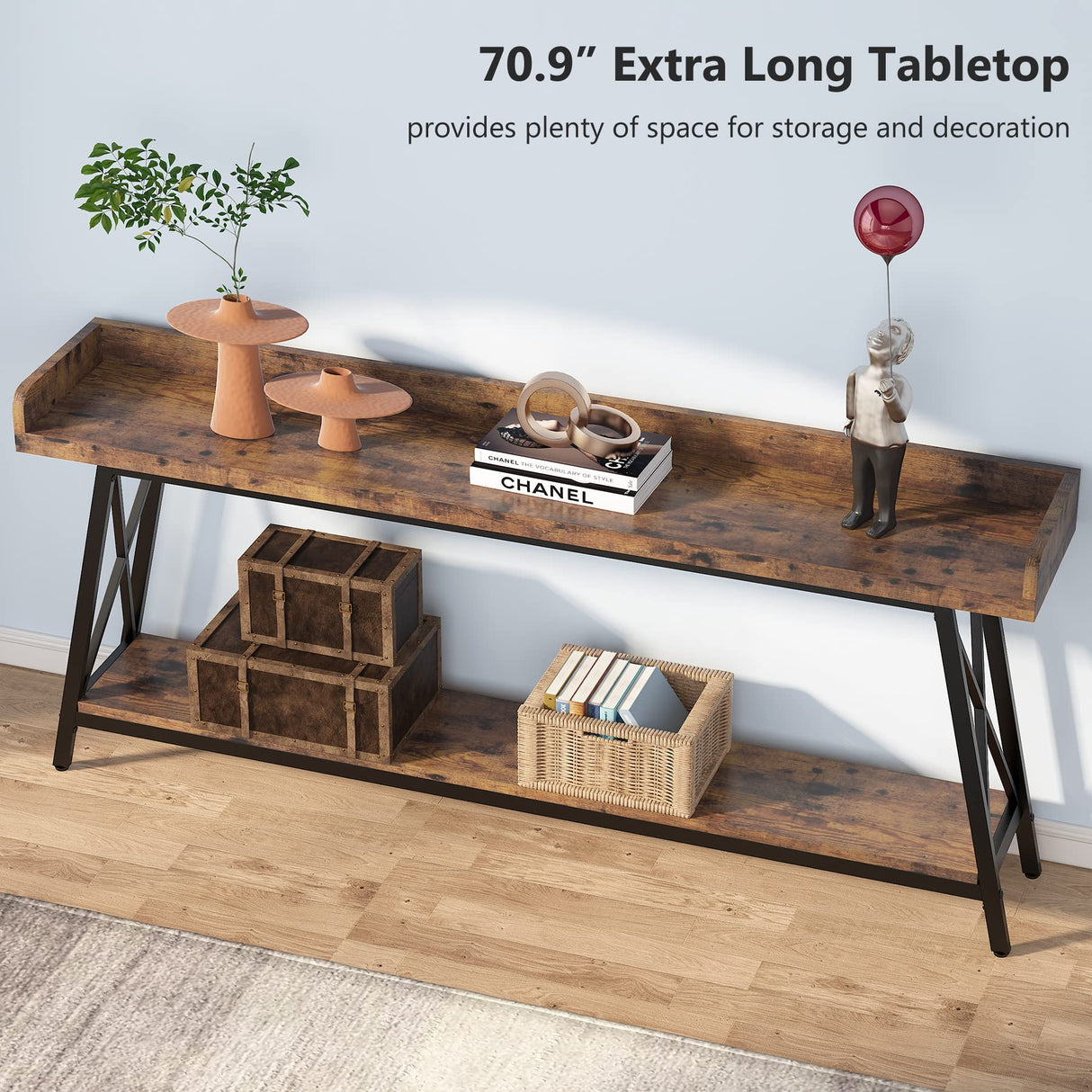 70.9 inch Extra Long Console Table Behind Couch, Rustic Industrial Sofa Table for Living Room,