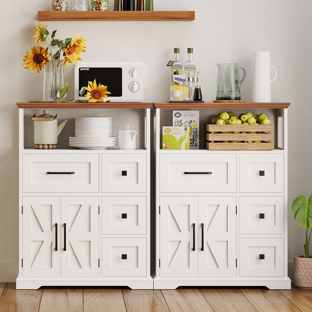 Farmhouse Storage Cabinet, Bathroom Floor Cabinet with 4 Drawers & Shelves