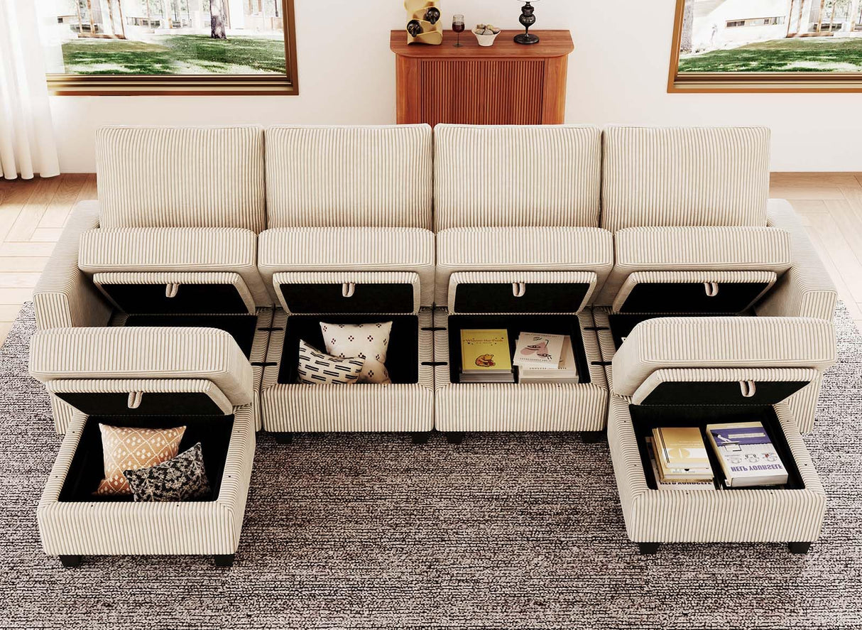 U Shape Couch with Storage Ottoman Corduroy Sectional Couch