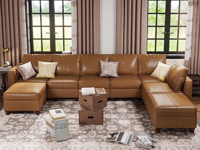 Faux Leather Sectional Sofa with Storage Ottomans, Modular Sofa Sectional