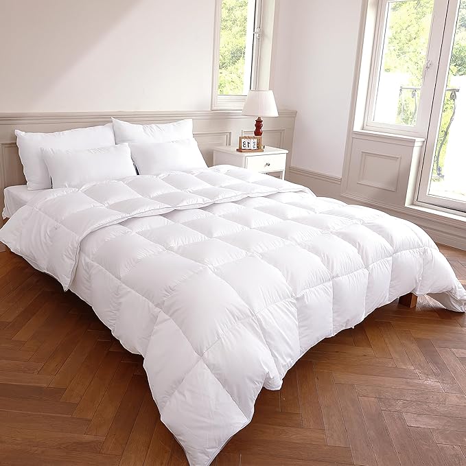 Season Grey Duck King Down Comforter 44% Feather 24% Down 32% Down Fiber Duvet Insert 100% Organic Cotton Cover Lightweight Fluffy Soft Breathable 106x90 Inches 60 Oz Filling