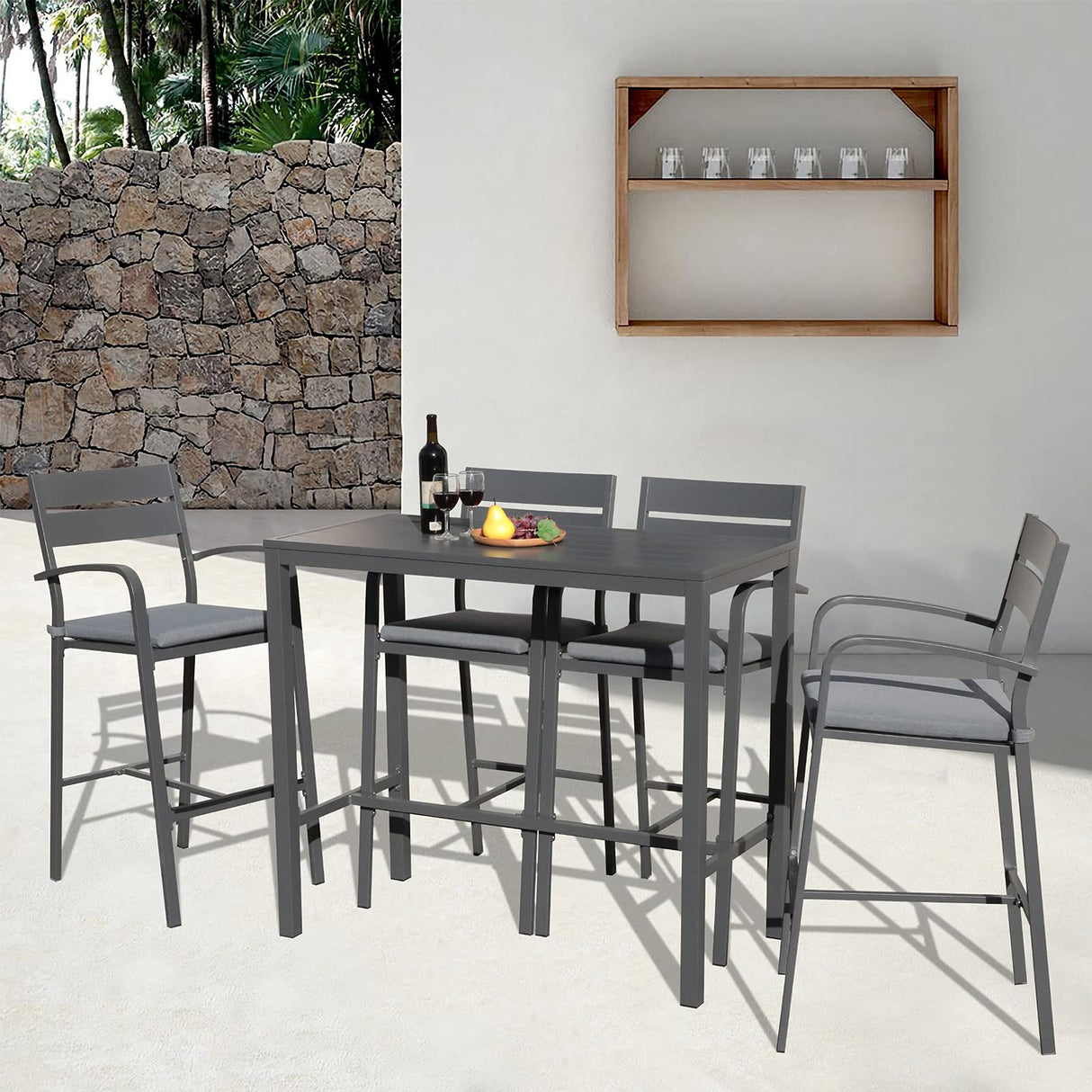 Outdoor Aluminum 5-piece Bar Set, Dining Bistro Pub Set, Patio Bar Height chairs