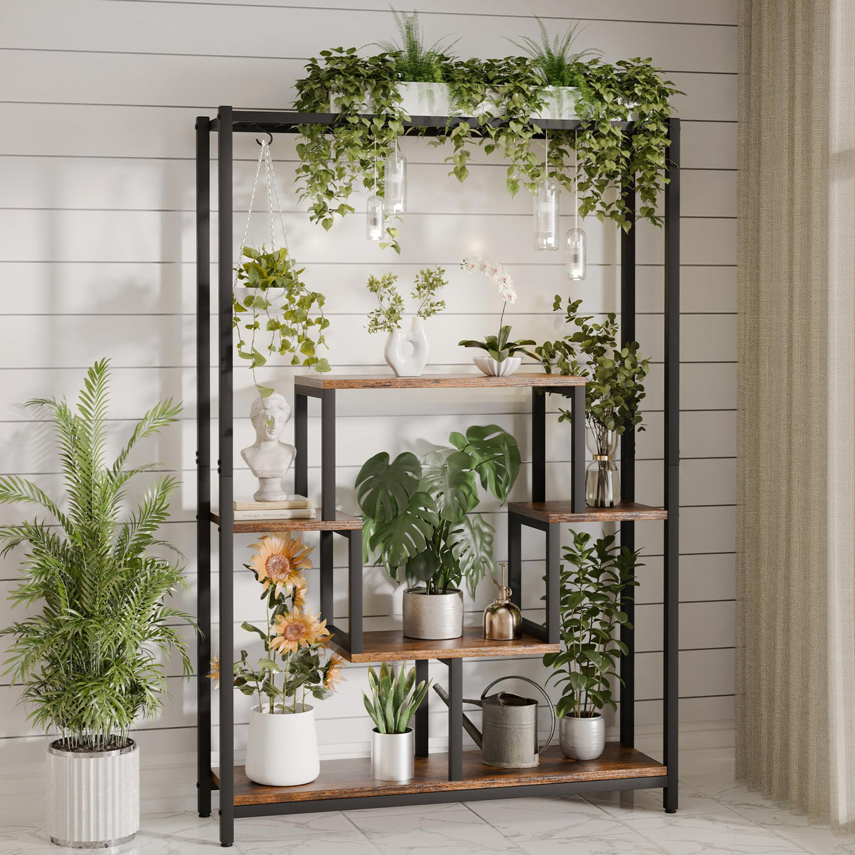 Indoor Tall Plant Stand, 70.9 inches Large Metal Plant Shelf with 10 Hanging Hooks