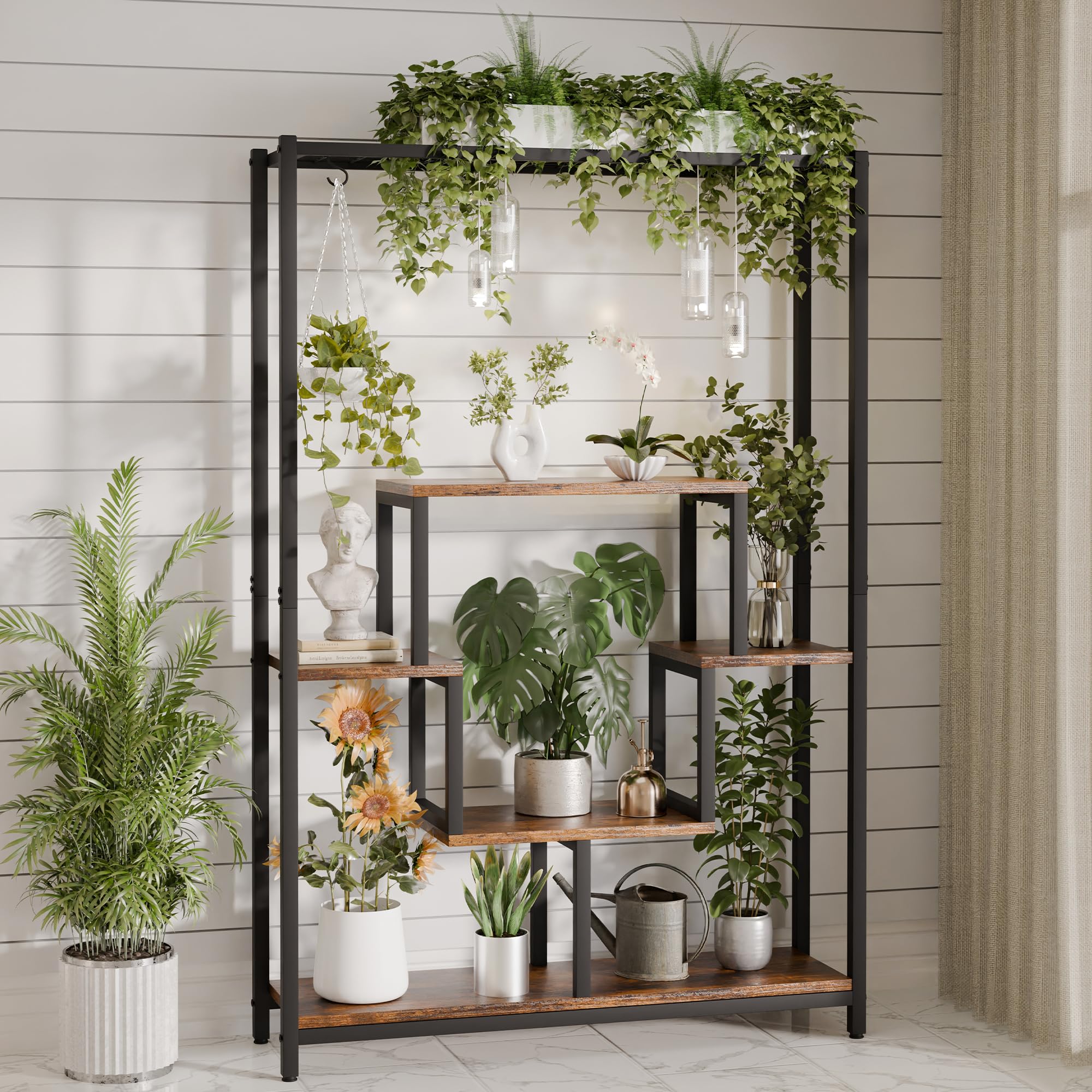Indoor Tall Plant Stand, 70.9 inches Large Metal Plant Shelf with 10 Hanging Hooks