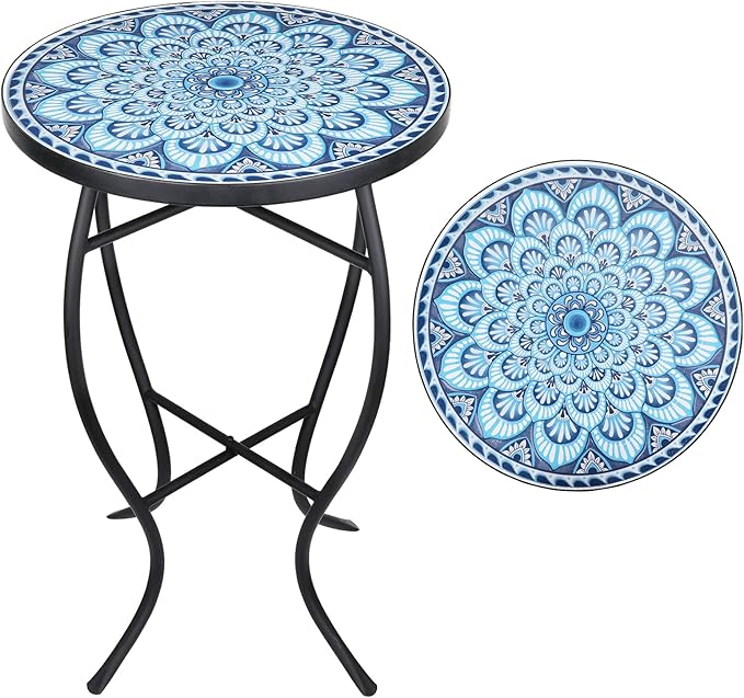 Mosaic Outdoor Side Table, 14" Round Folding Plant Stand for Patio Garden Backyard