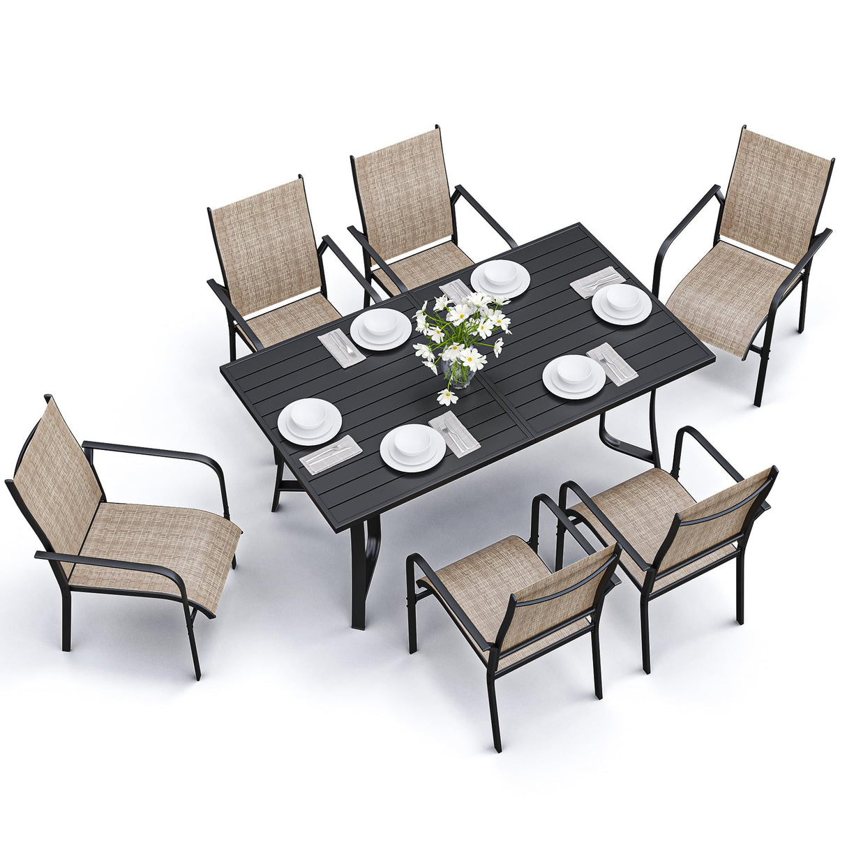 7-Piece Outdoor Patio Dining Set - 6 Stackable Texlin Sling Chairs & 63" Rustproof Steel Table, Weatherproof Low-Maintenance Furniture for Backyard/Balcony/Poolside, Includes 1.57"-1.97" Umbrella Hole