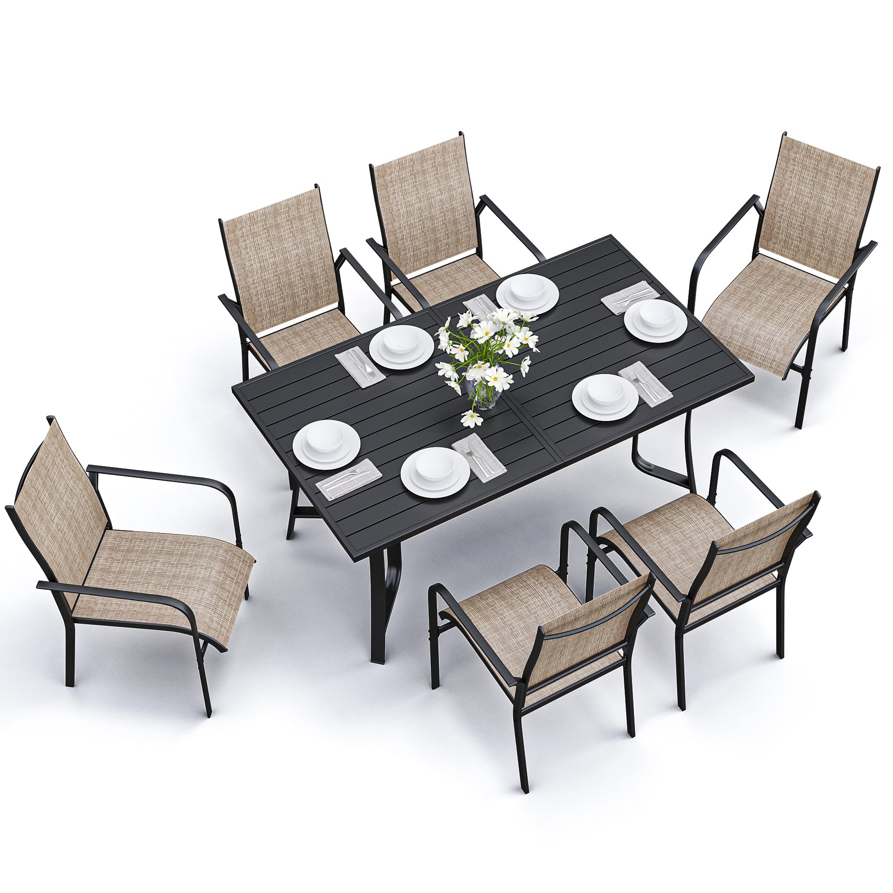 7-Piece Outdoor Patio Dining Set - 6 Stackable Texlin Sling Chairs & 63" Rustproof Steel Table, Weatherproof Low-Maintenance Furniture for Backyard/Balcony/Poolside, Includes 1.57"-1.97" Umbrella Hole