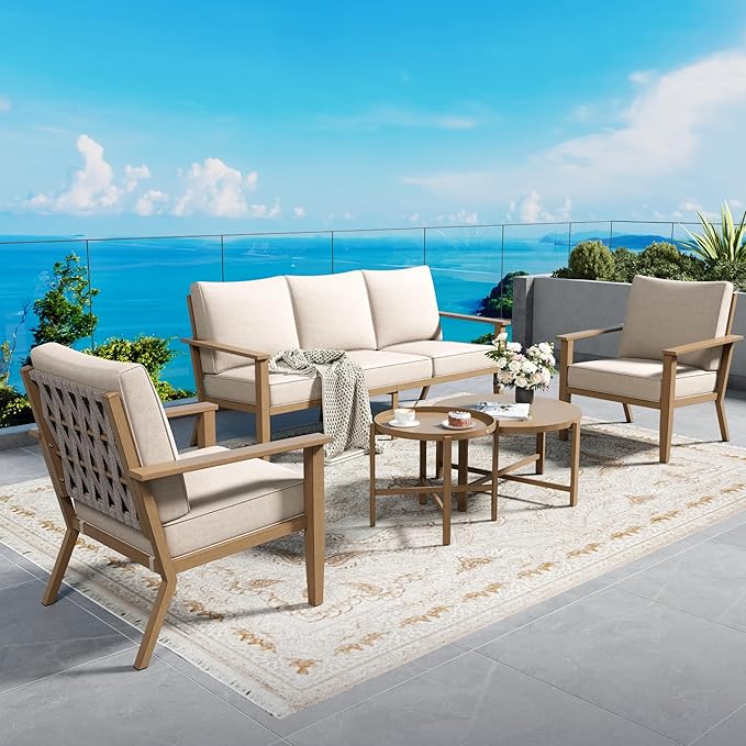 Patio Conversation Set,5 Pcs Metal Outdoor Furniture with 3-Seater Sofa
