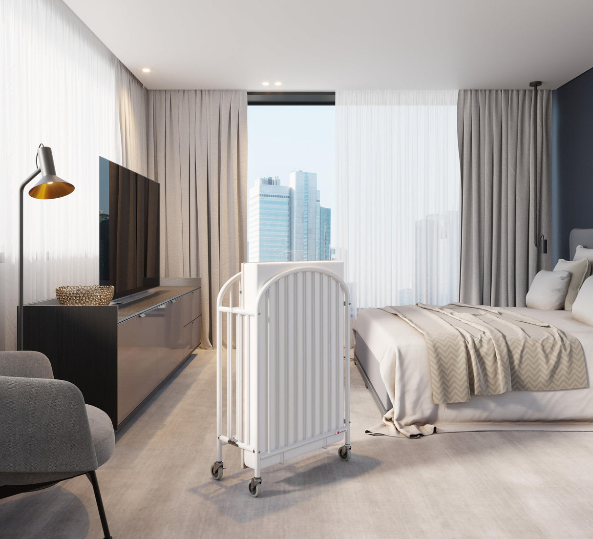 Pinnacle Steel Folding Crib, Portable Baby Crib with 4" InfaPure Foam Mattress and Oversized Commercial Grade Casters, Perfect for Hotels, Durable Construction (White)