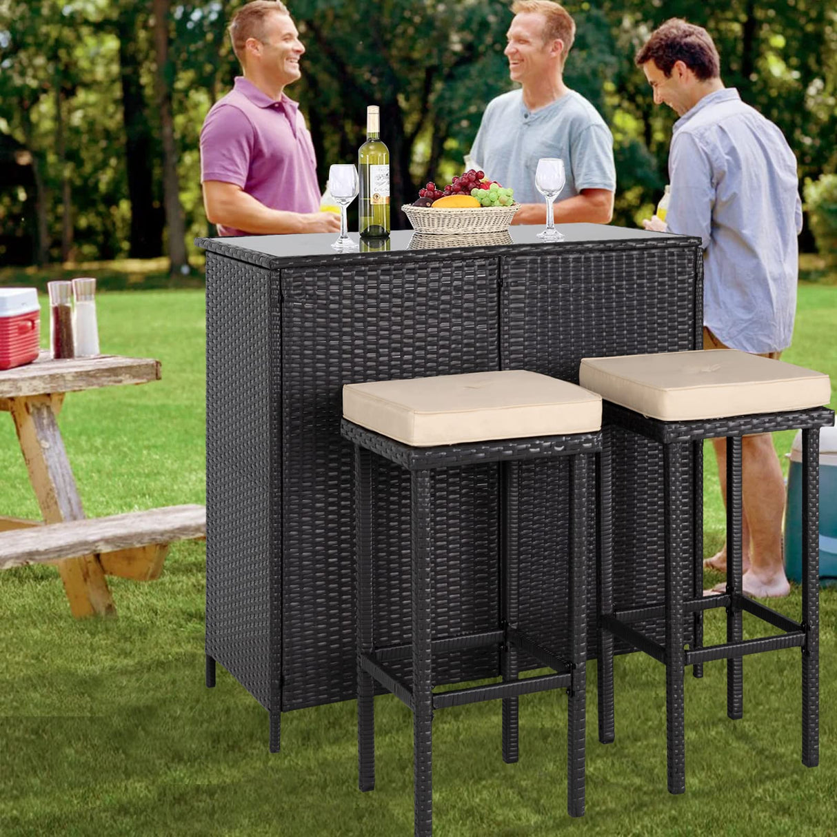 Patiomore 3-Piece Patio Outdoor Bar Set with Two Stools and Glass Top Table Patio Brown Wicker Furniture with Removable Cushions for Backyards, Porches, Gardens or Poolside