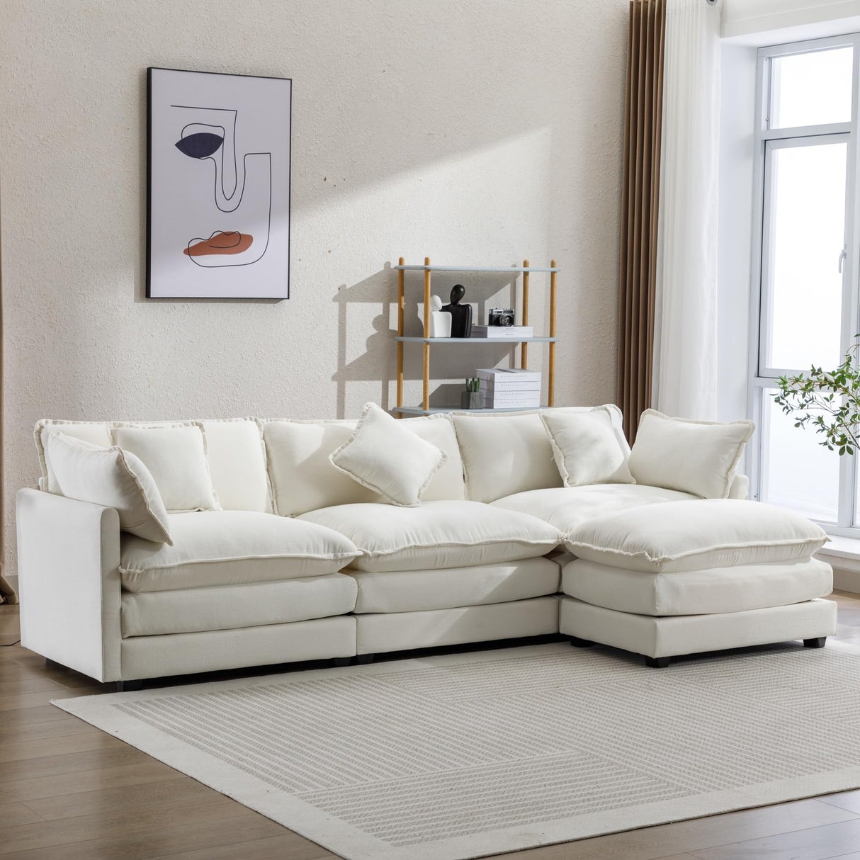Modular Sectional Sofa Couch L-Shaped with Convertible Ottoman for Living Room, Modern Contemporary 3-Seat Sofa Couch for Apartment Office, Chenille Fabric, Beige
