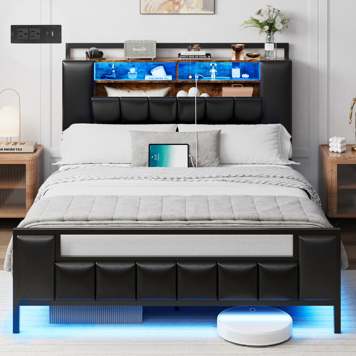 Full Size Bed Frame with Storage Headboard & Charging Station
