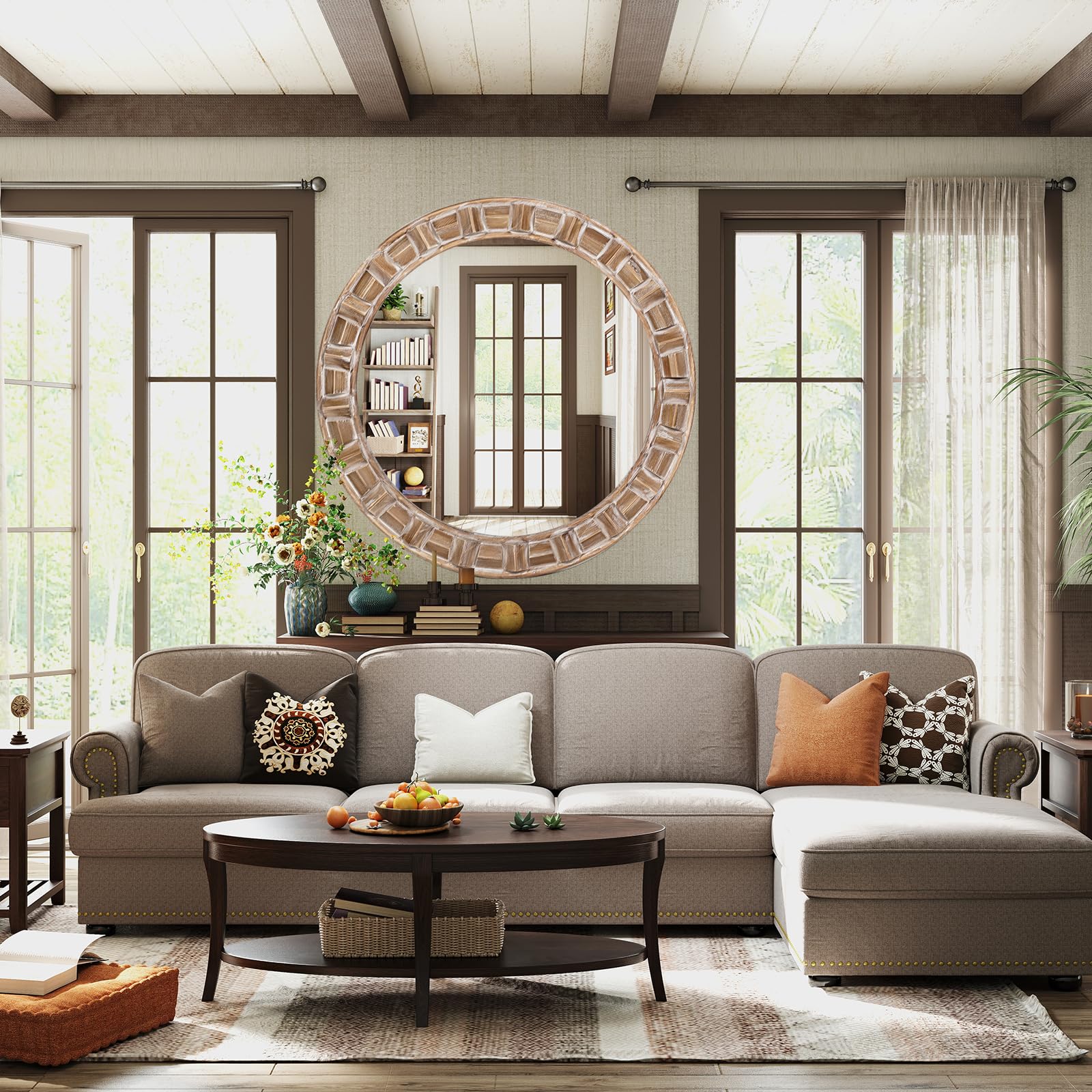 30 Inch Round Wood Mirror Boho Entryway Rustic Decorative Farmhouse Mirrors