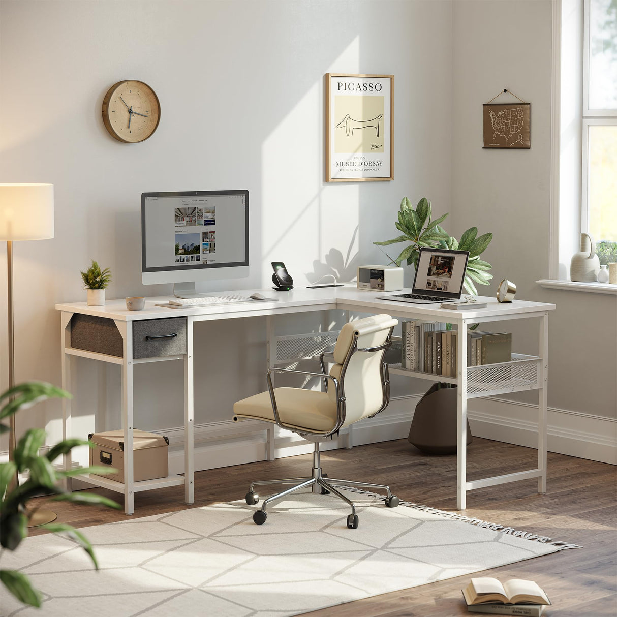 L Shaped Desk with Power Outlets, Computer Desk with Drawer, Reversible Corner Desk