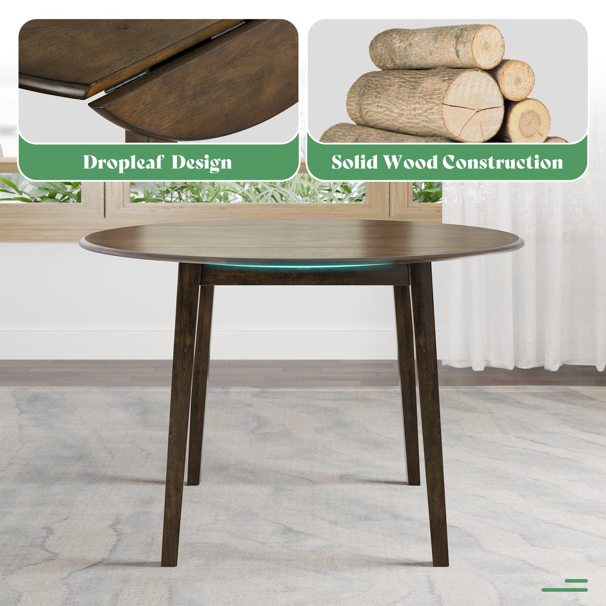 7-Piece Mid-Century Solid Wood Dining Table Set, Round Dining Table with Butterfly Leaf a