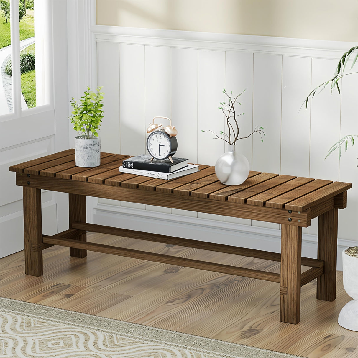 Outdoor Bench, 2 Person Outdoor Poly Lumber Patio Backless Bench, Weatherproof