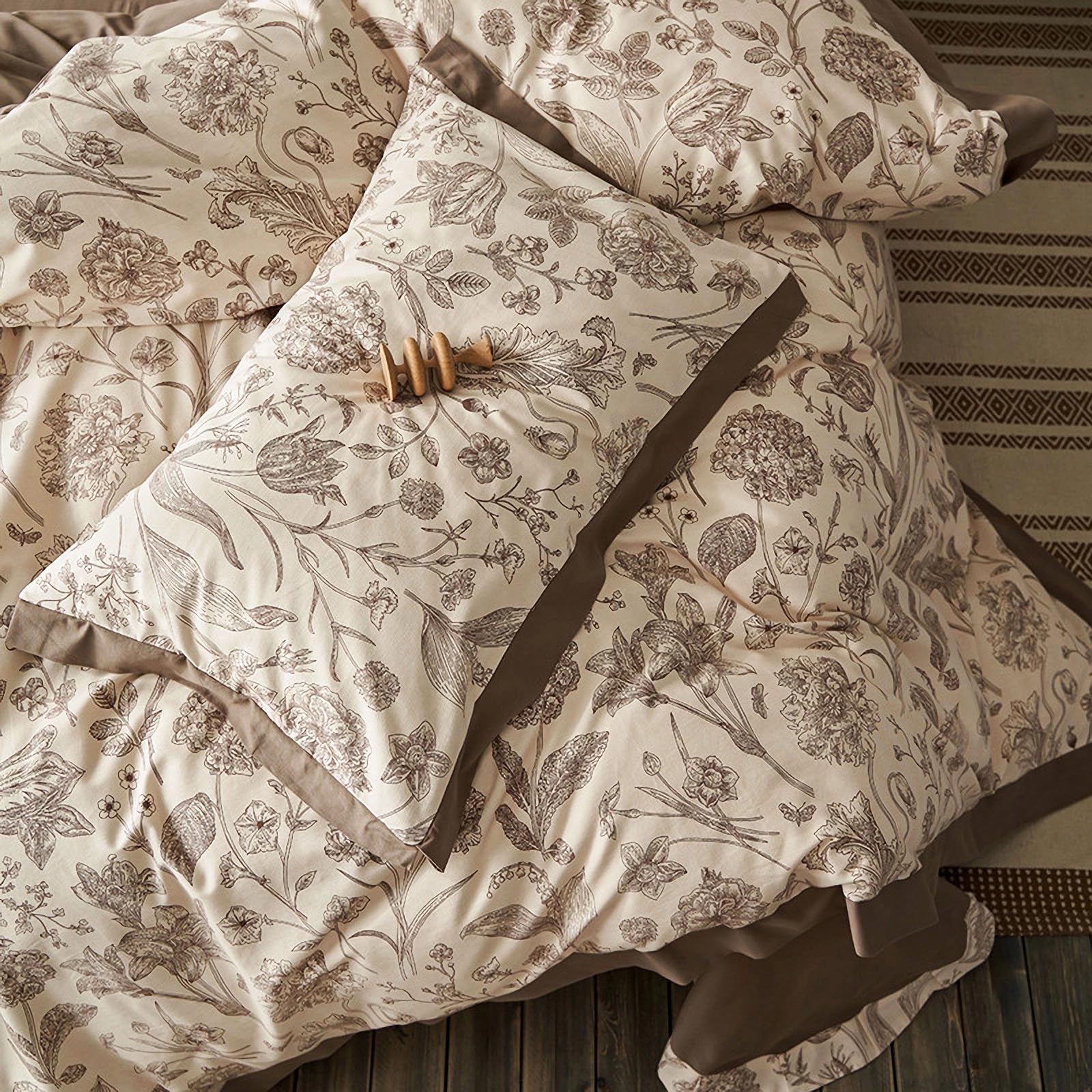 100% Cotton Brown Duvet Cover Queen Size, 4 Piece Vintage Floral Duvet Cover and Sheet Set with Zipper -