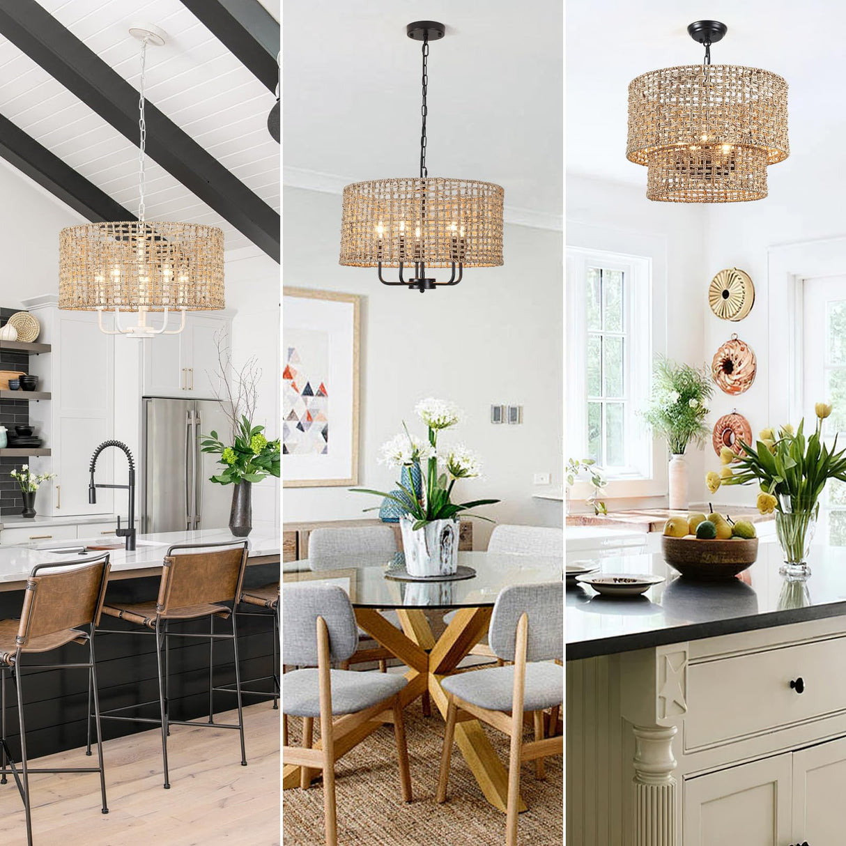 Rattan Chandelier for Dining Room 5-Light Boho Chandeliers Light Fixture Brown and Black