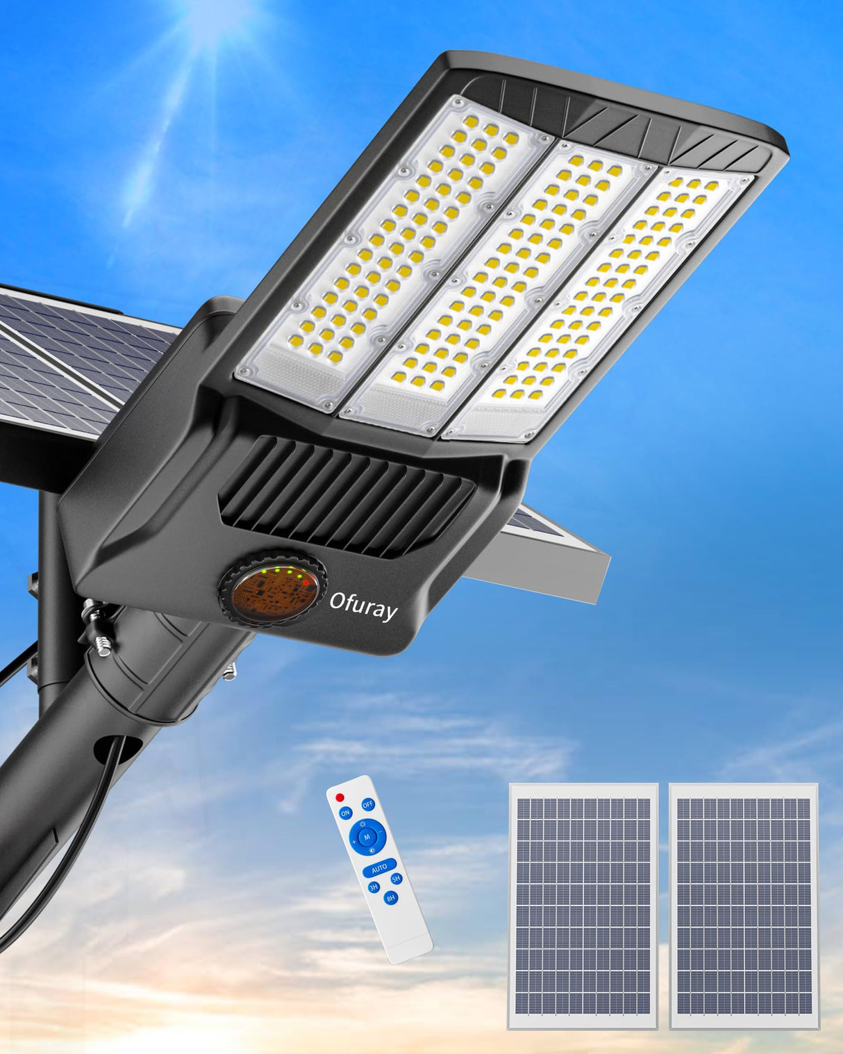 Ofuray Of-9800W Solar Street Lights Outdoor, 750000Lm Solar Parking Lot Lights Commercial Dusk to Dawn, 6500k IP67 Big Power with Remote Control for Street,Court,Yard