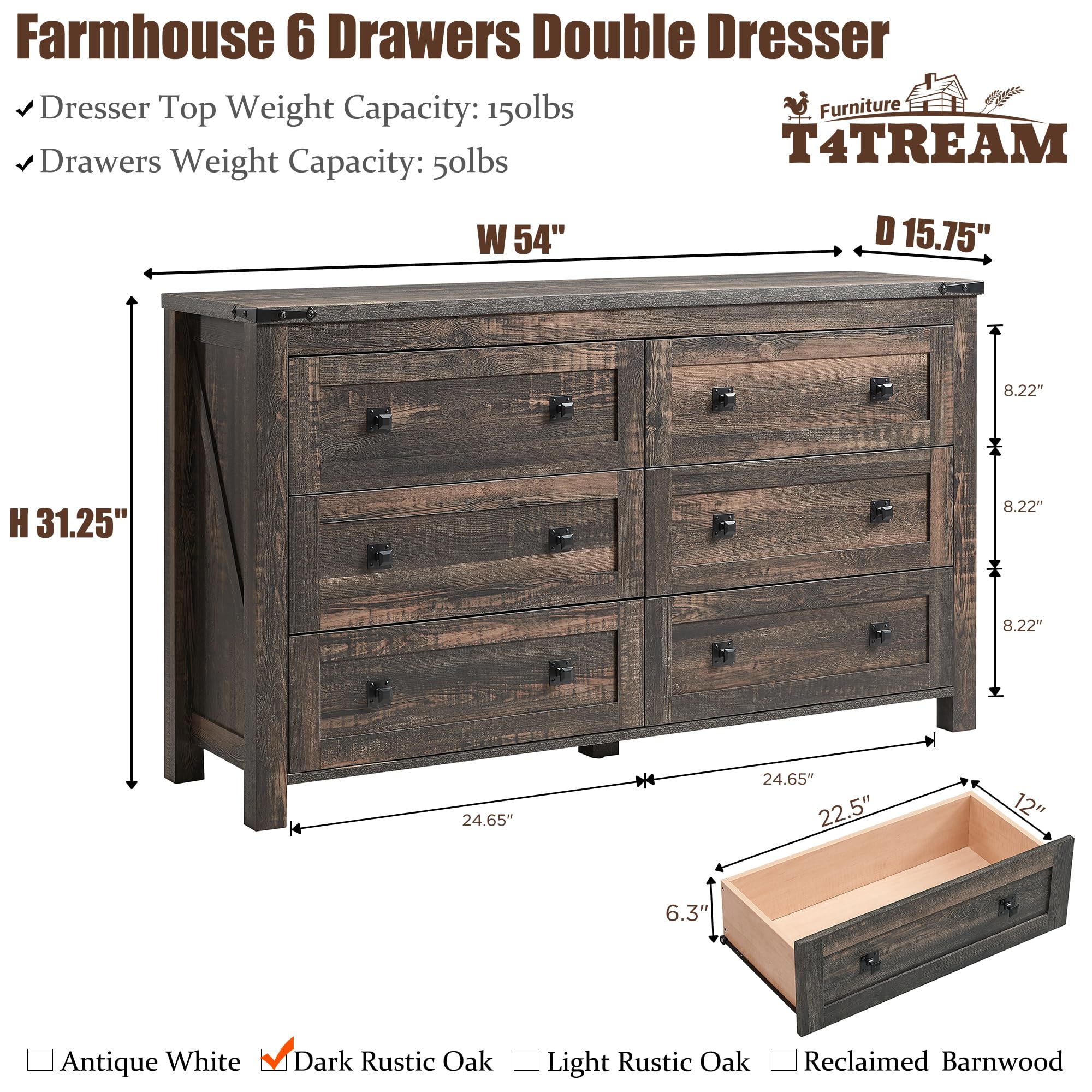 Farmhouse 6 Drawers Dresser for Bedroom, Wood Rustic Wide Chest of Drawers,