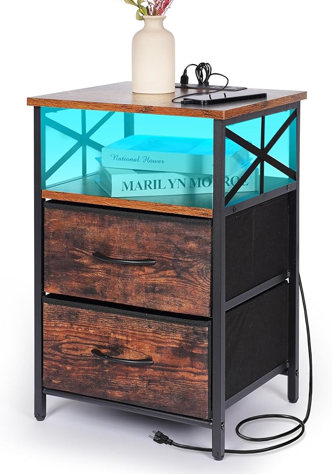 Night Stand with Charging Station, RGB LED Side Table