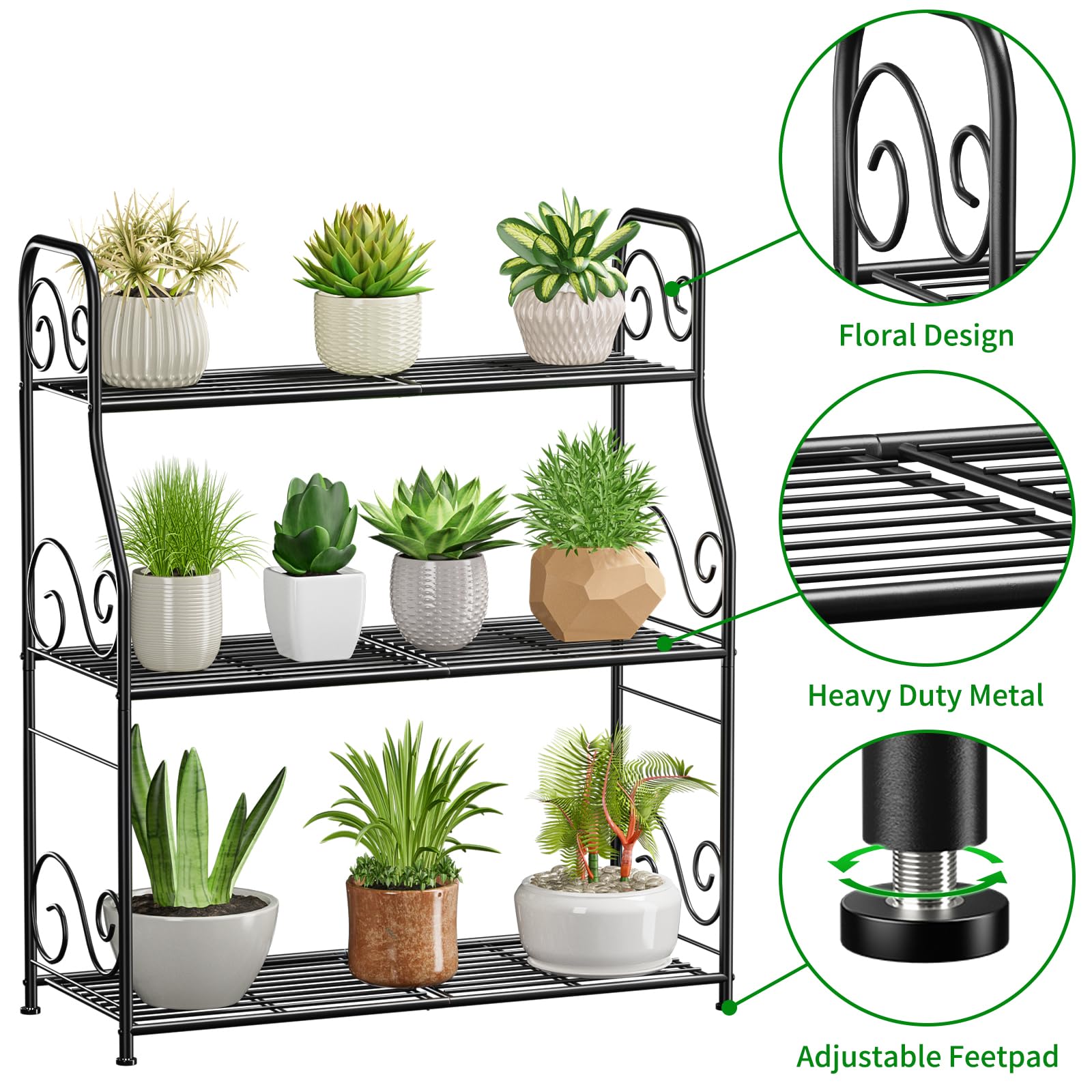 OVICAR Metal Plant Stand Rack - 3 Tier Indoor Outdoor Plant Display Shelf Flower Pot Holder for Garden Patio Balcony Porch Corner Living Room, Multiple Storage Shelf for Home Use (Black)