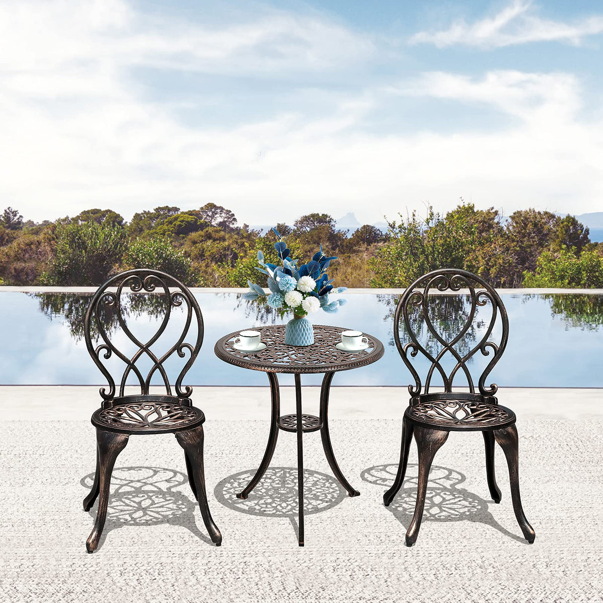 3 Piece Outdoor Bistro Set, All Weather Cast Aluminum Patio Dining Retro Table and Chairs